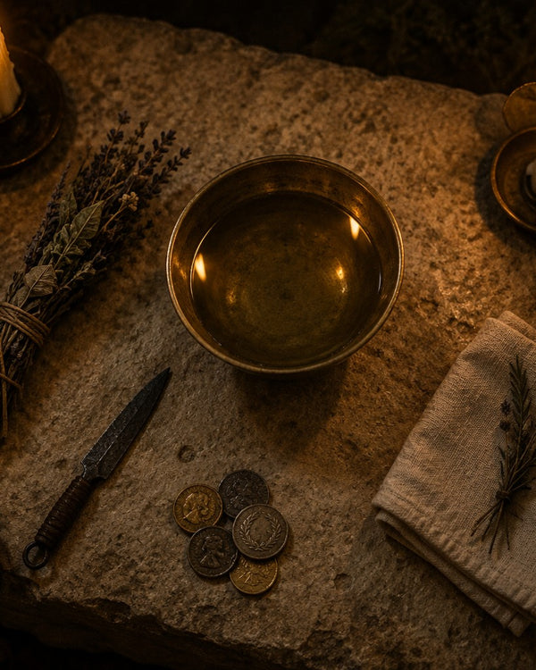 A brass bowl of still water on dark stone, with bundled herbs, old coins and folded linen by candlelight