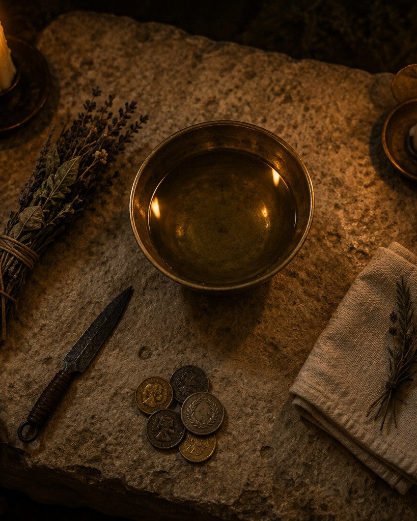 A brass bowl of still water on dark stone, with bundled herbs, old coins and folded linen by candlelight
