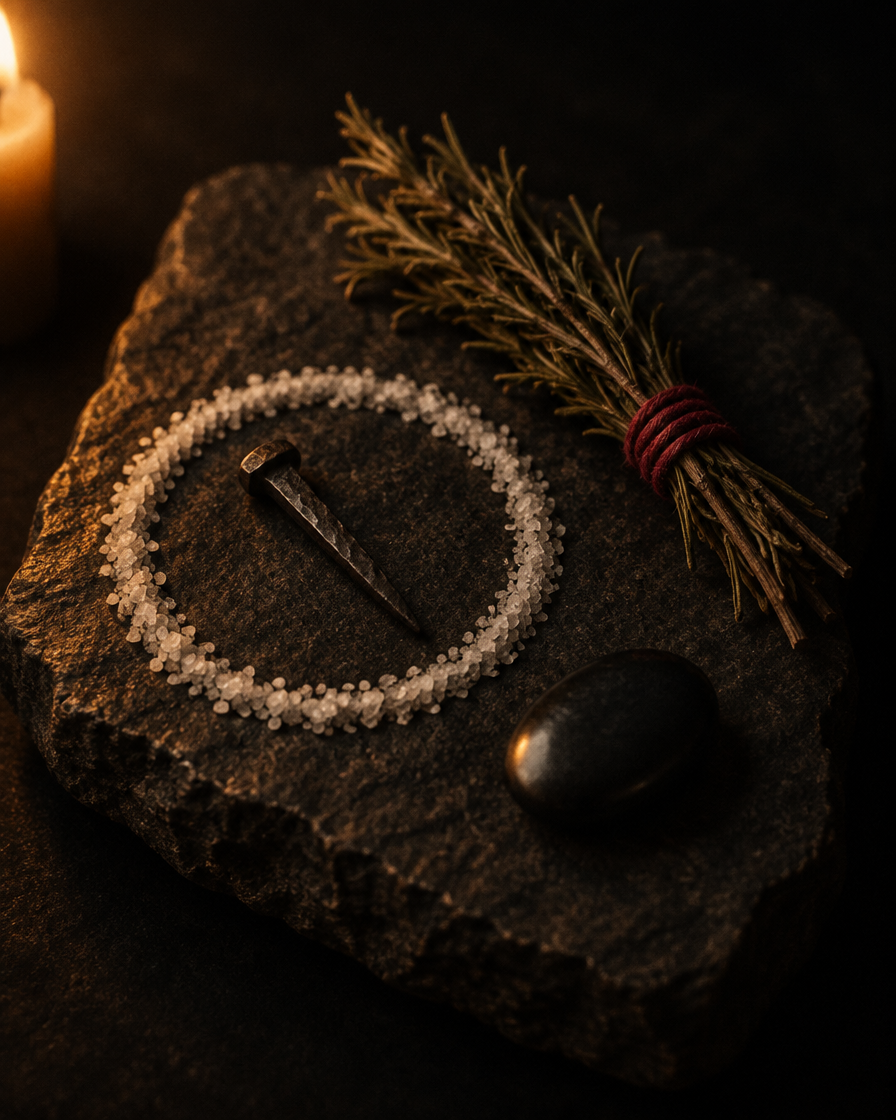 A ring of coarse salt with an iron nail, bundled rosemary and a black stone amulet