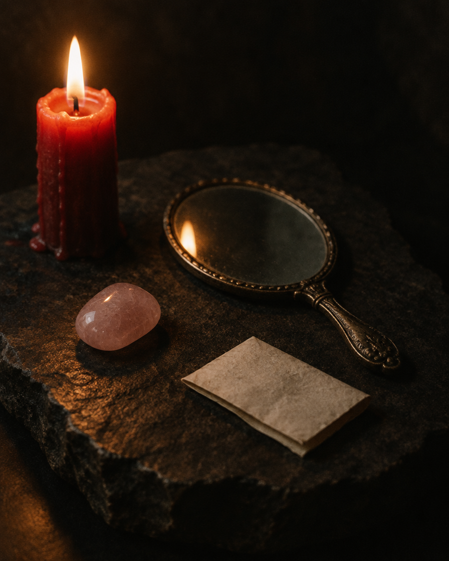 A lit red candle, a hand mirror, a rose quartz stone and a folded slip of paper