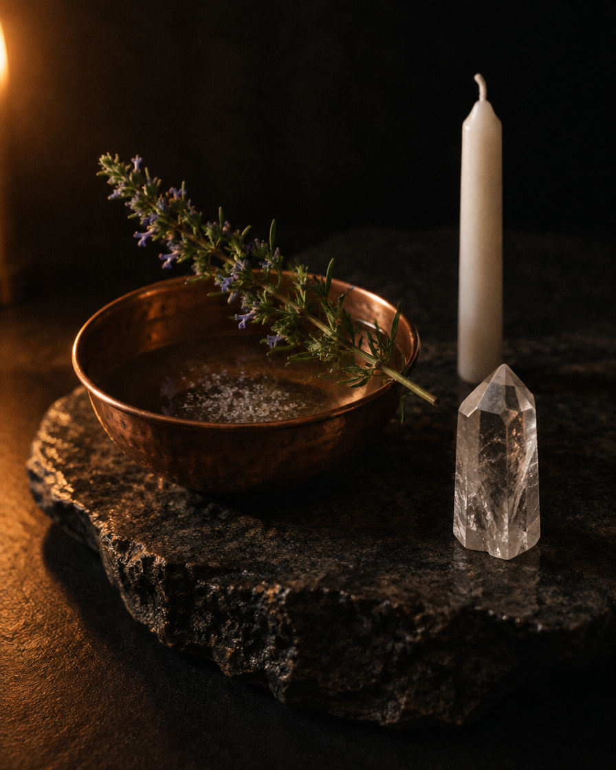 A copper bowl of salted water with a sprig of hyssop, a white candle and a quartz point