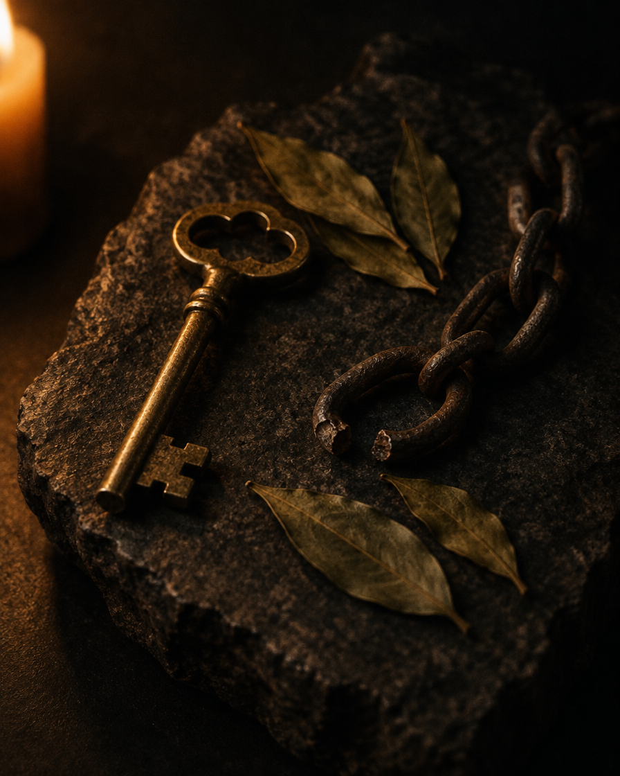 An antique brass key, an iron chain broken open at one link, and dried laurel leaves