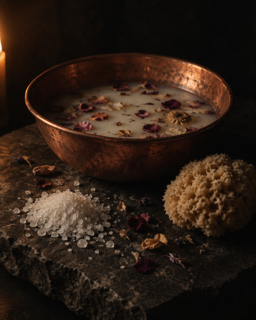 A copper basin of bath water strewn with dried petals, with sea salt and a sponge