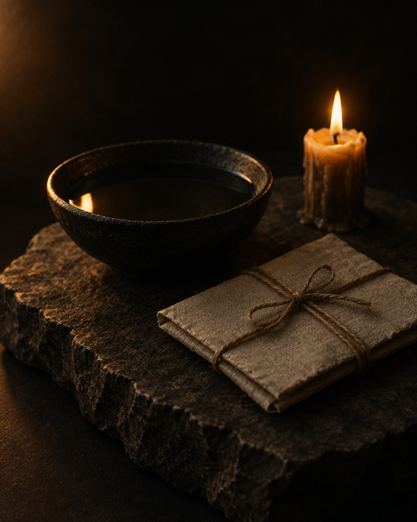A scrying bowl of still water beside a letter tied with twine and a lit candle stub