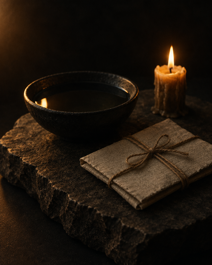 A scrying bowl of still water beside a letter tied with twine and a lit candle stub