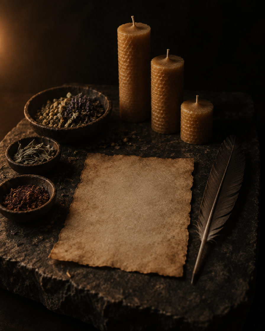 Blank parchment, a quill, unlit beeswax candles and dishes of dried herbs on a dark stone altar