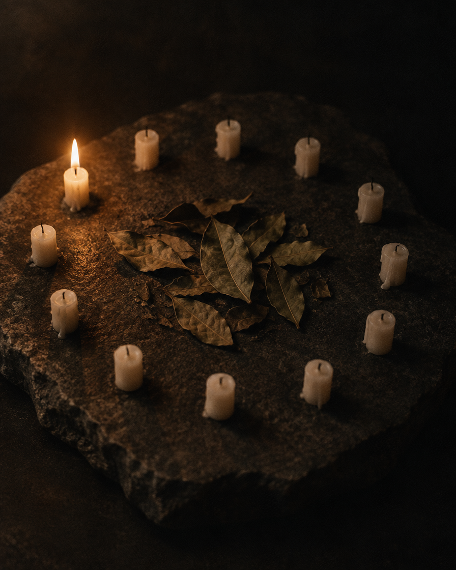 Twelve small candles set in a circle around dried bay leaves, one of them lit