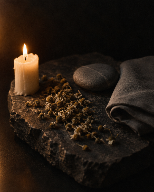 A candle burning low beside dried chamomile, a river stone and folded grey cloth