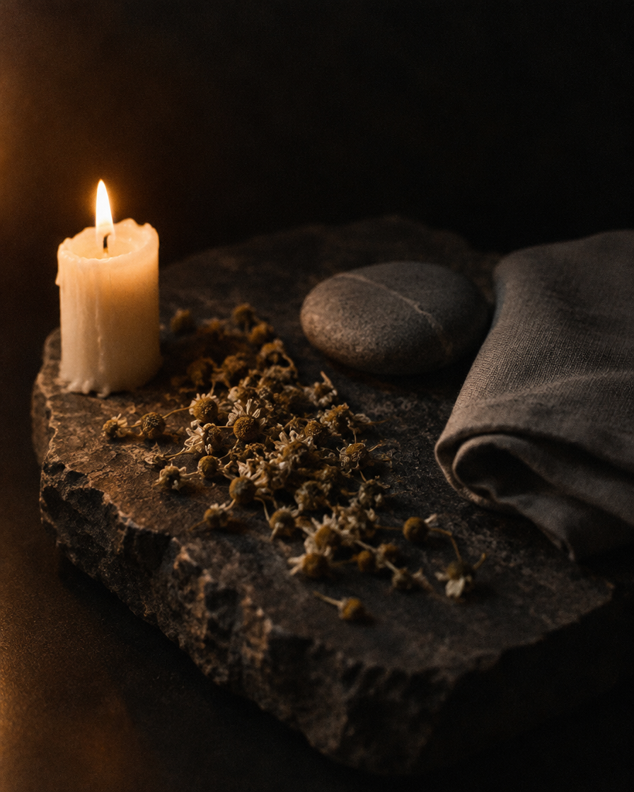 A candle burning low beside dried chamomile, a river stone and folded grey cloth