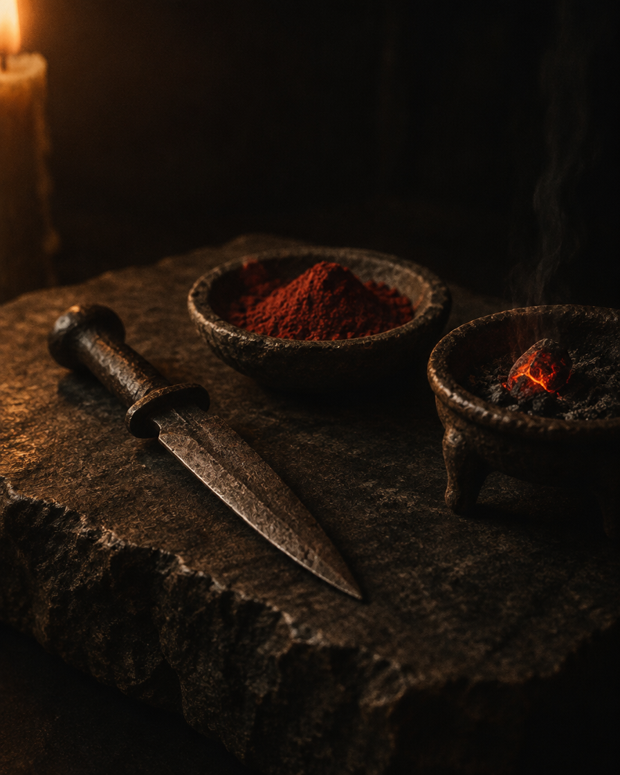 An iron dagger laid flat beside a dish of red ochre and a glowing ember in a brazier