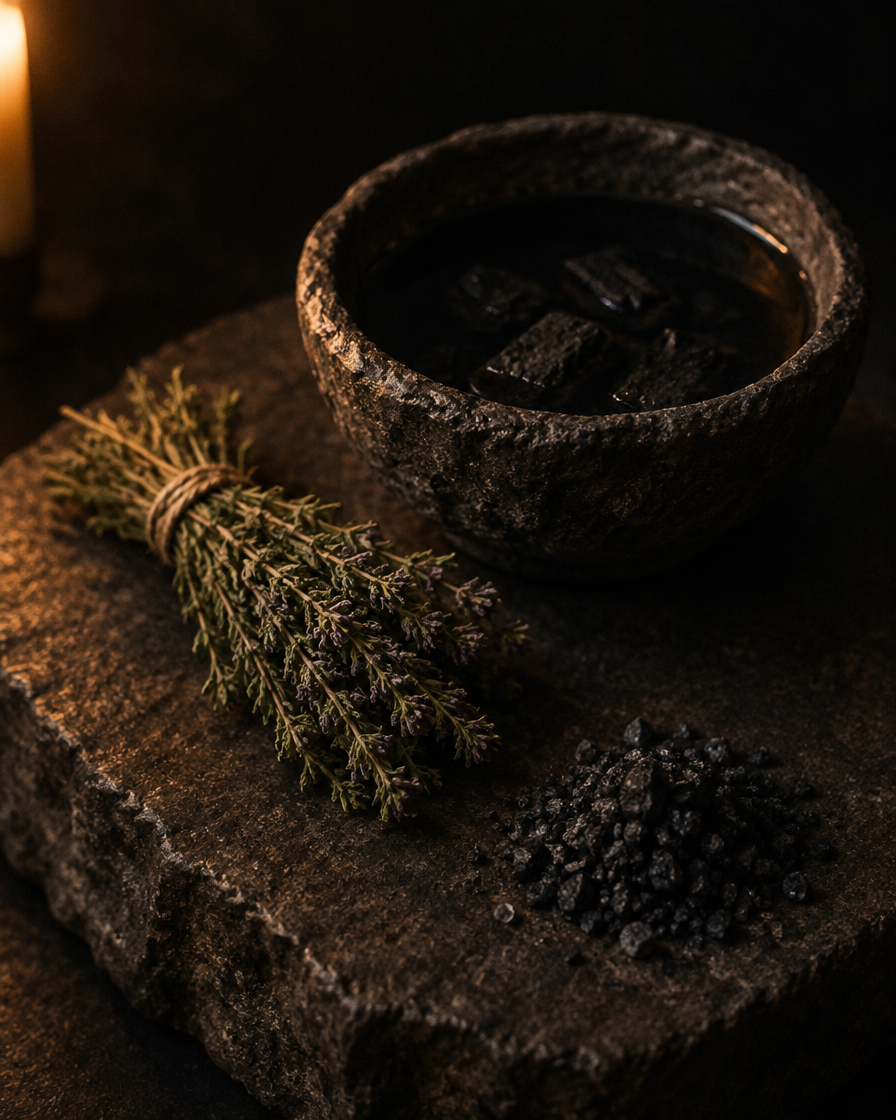 A basin of dark water with charcoal, a bundle of hyssop and a heap of black salt