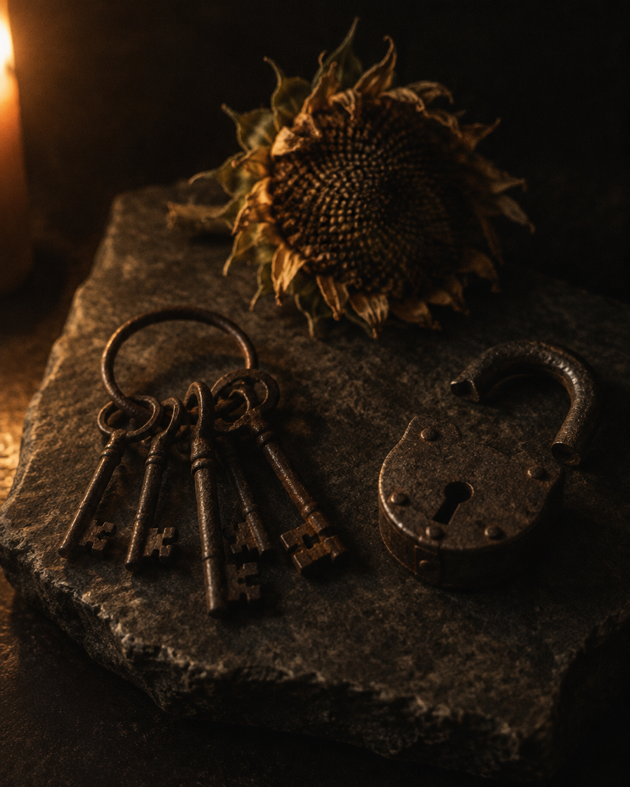 A ring of old iron keys, a padlock lying open, and a dried sunflower head