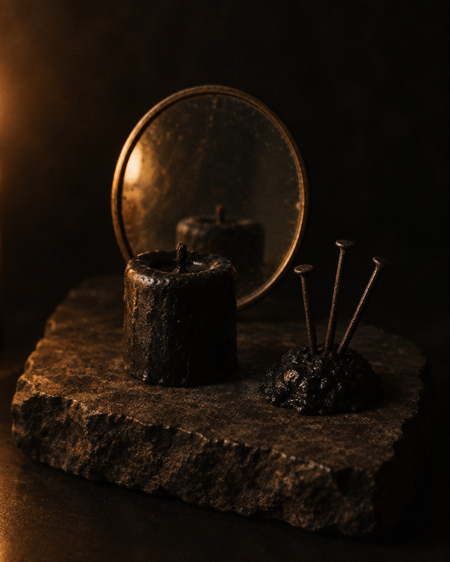 A round mirror propped facing outward, a squat black candle and iron pins set in wax