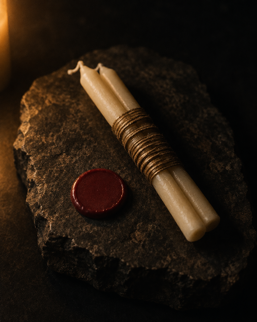 Two ivory candles bound together with waxed cord beside a disc of red sealing wax
