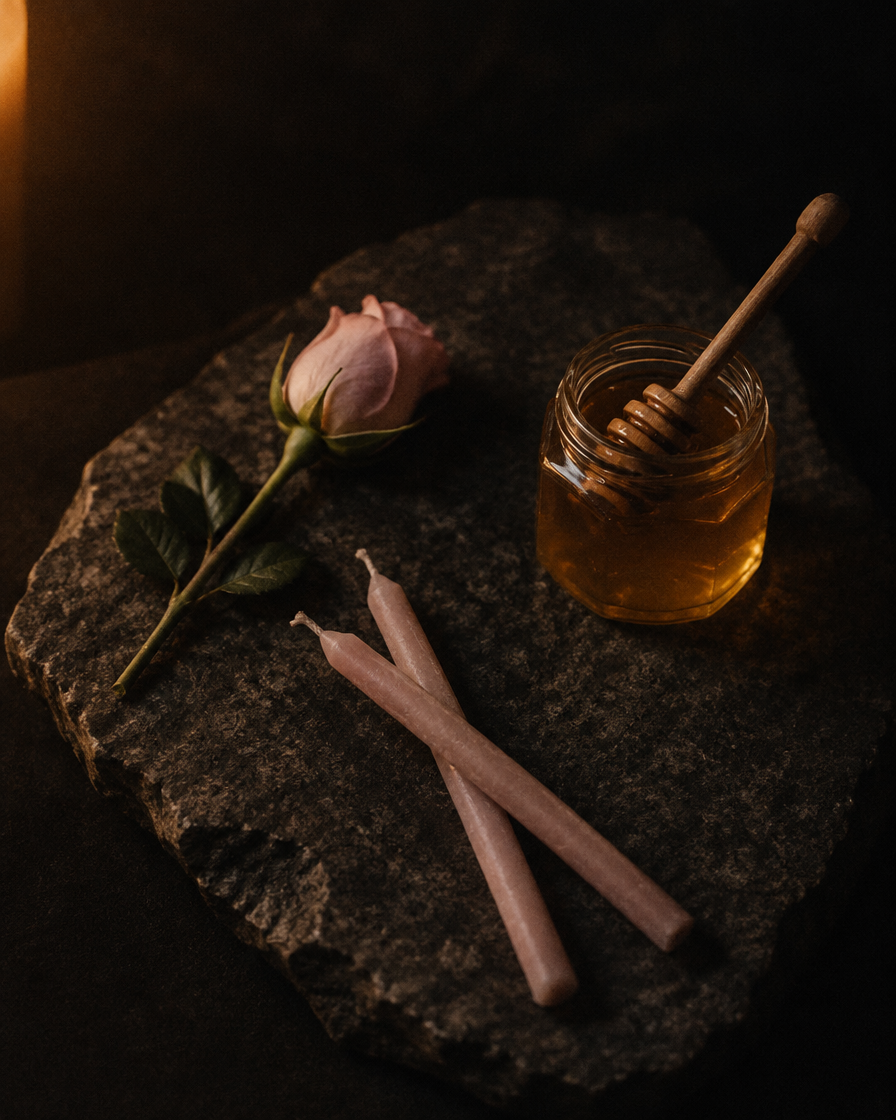 A pale pink rosebud, two unlit candles crossed at the base, and a jar of honey