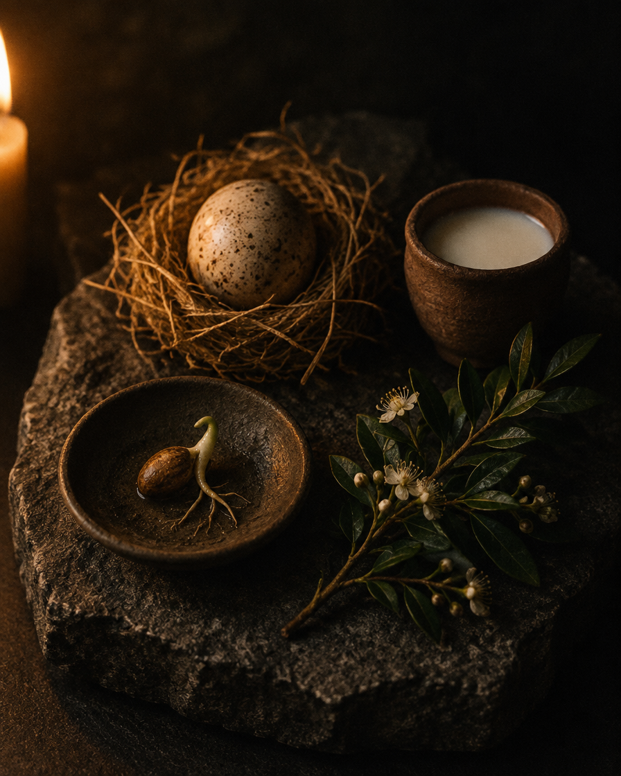 A speckled egg in a nest of straw, a sprouted seed, a cup of milk and myrtle in flower