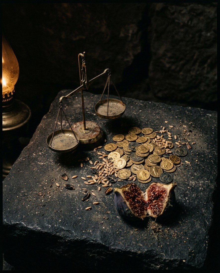 Gold coins and grain offered for prosperity