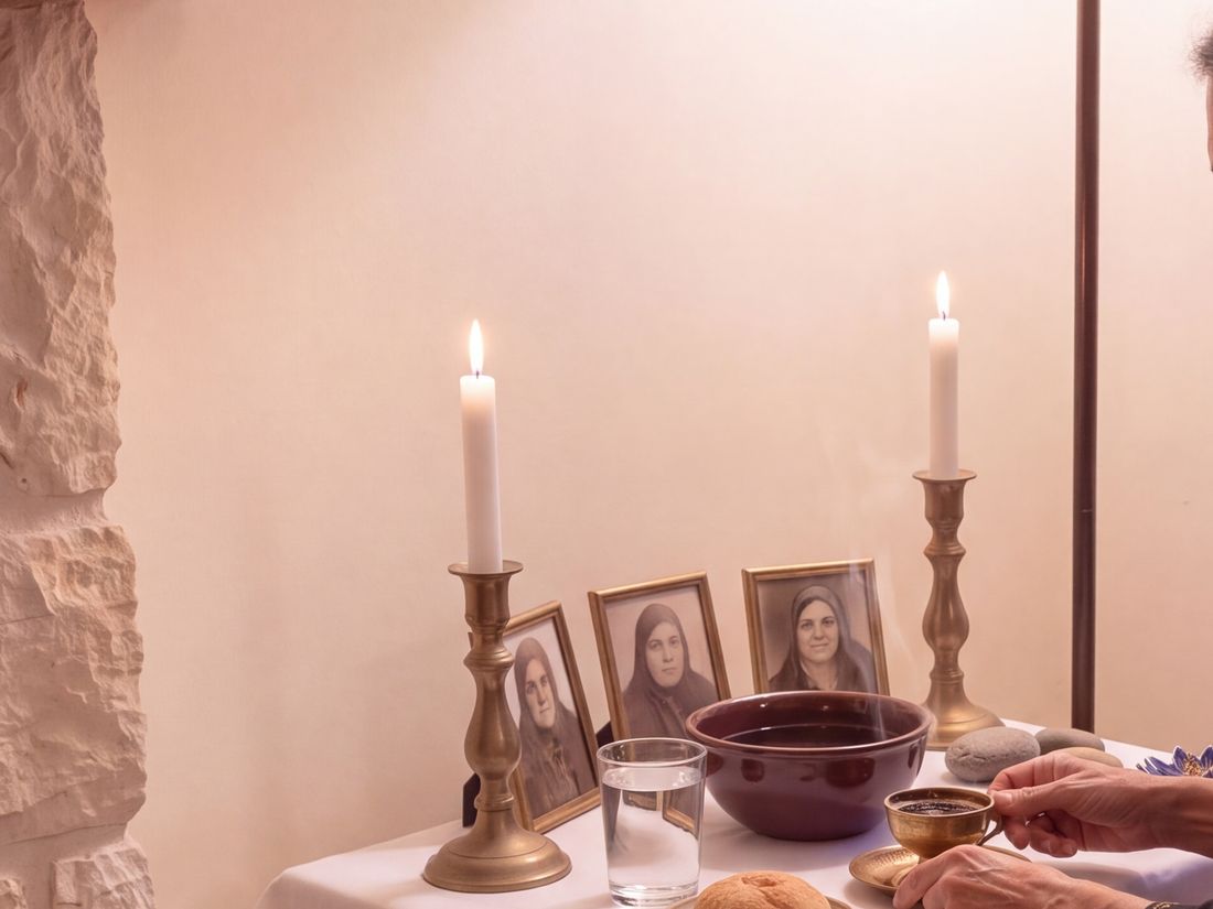 Candles and framed portraits of the women of Amara's family on her altar