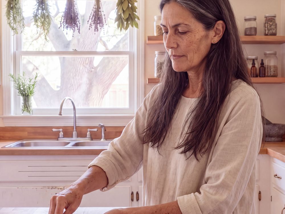 Amara sprinkling herbs at her kitchen counter