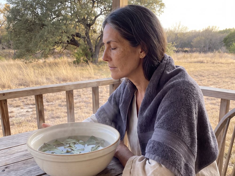 Amara wrapped in a shawl beside a bowl of herbs on her back porch