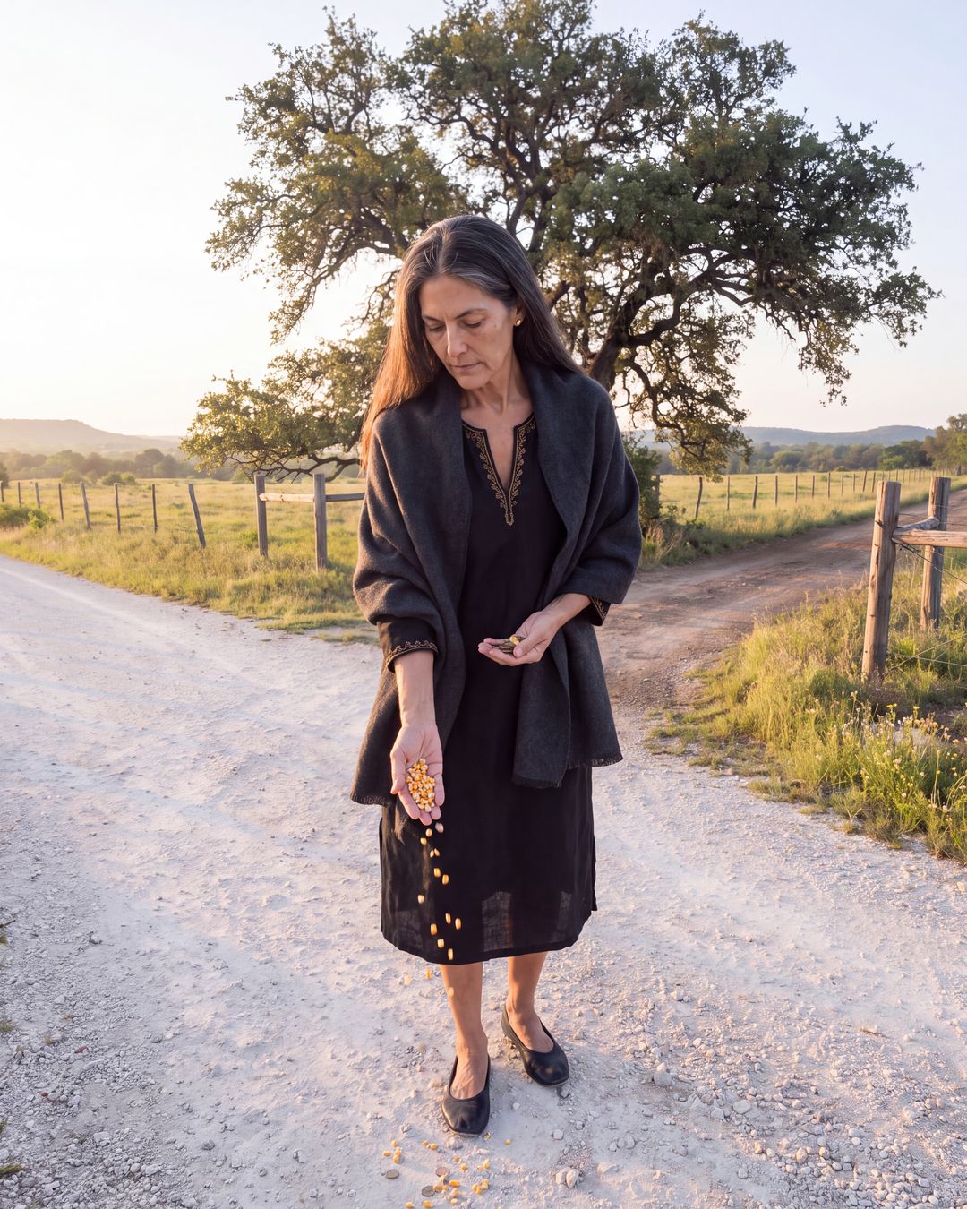 Amara scattering grain on a country crossroads at golden hour