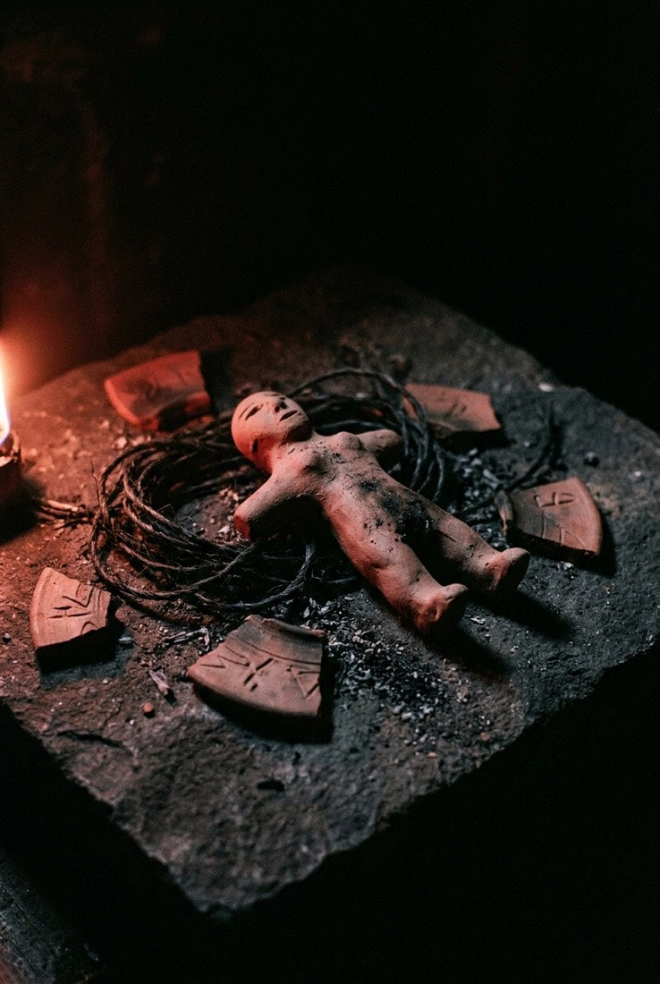 Clay figure and cord for a rite of banishing
