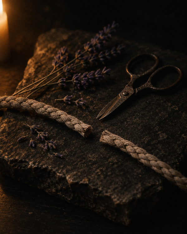 A braided cord cut cleanly in two beside iron shears and sprigs of dried lavender