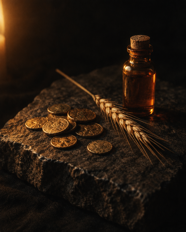 A scatter of worn gold coins with a sprig of wheat and a corked amber vial
