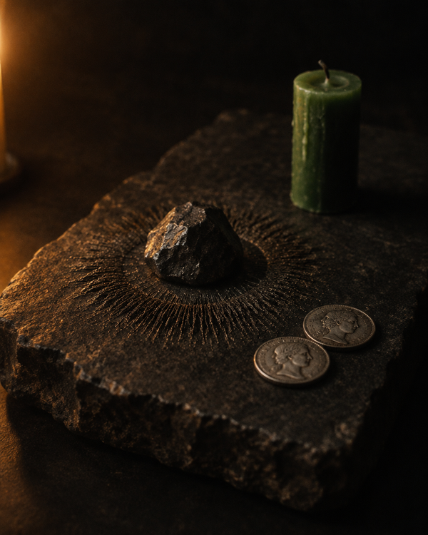 A lodestone ringed with iron filings beside a green candle and two silver coins