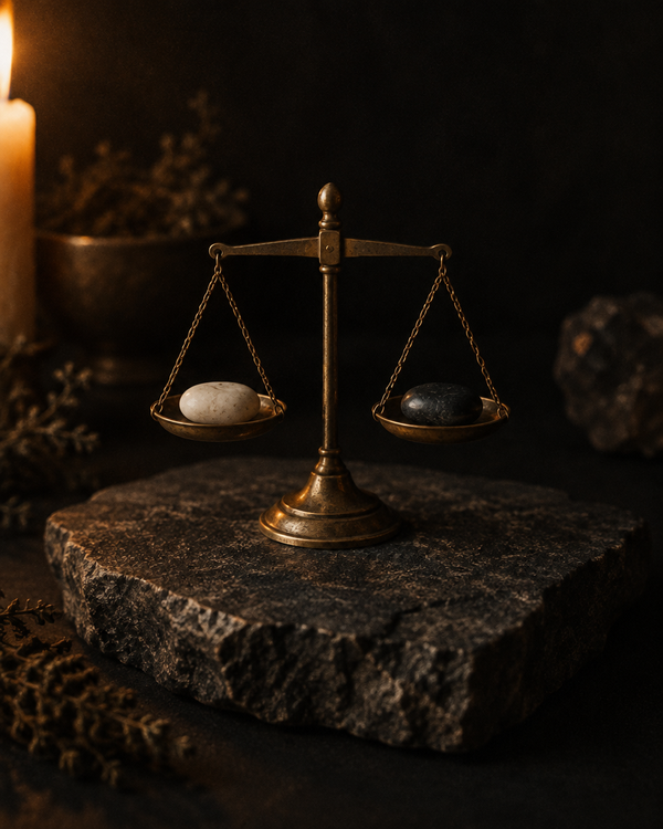 Brass balance scales holding one white pebble and one black pebble, perfectly level