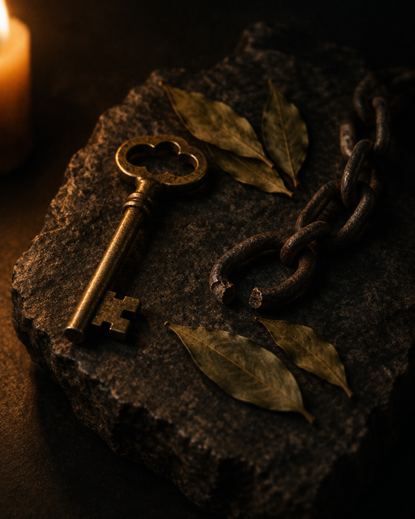 An antique brass key, an iron chain broken open at one link, and dried laurel leaves
