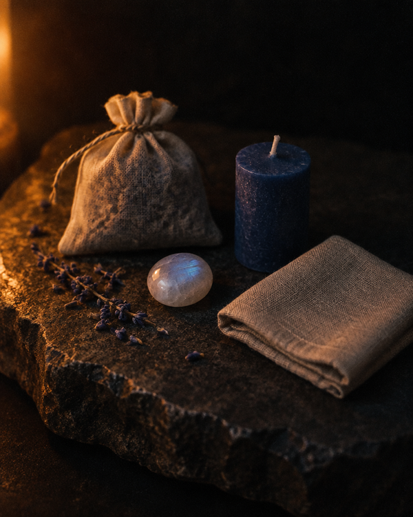 A linen sachet of lavender, a moonstone, a blue candle and folded linen