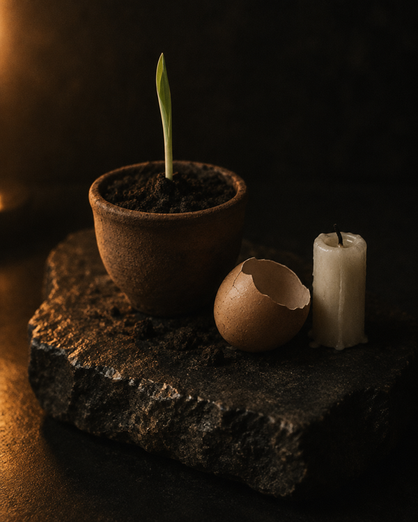 A clay pot of soil with a single green shoot, a cracked eggshell and a white candle