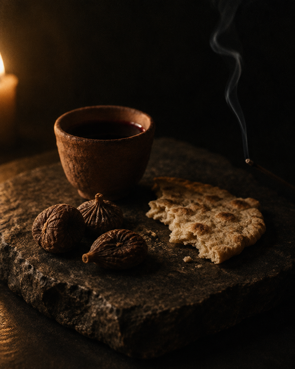 A clay cup of wine, torn bread, dried figs and a thread of incense smoke