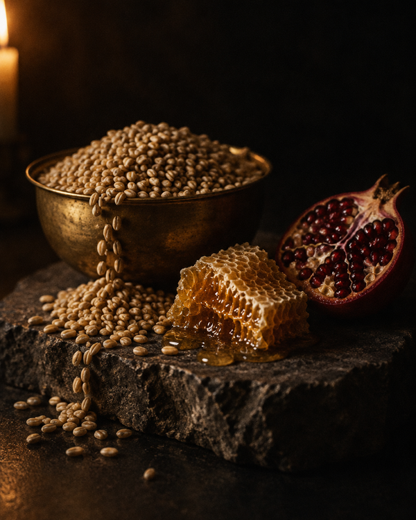 A brass bowl overflowing with barley beside honeycomb and a halved pomegranate