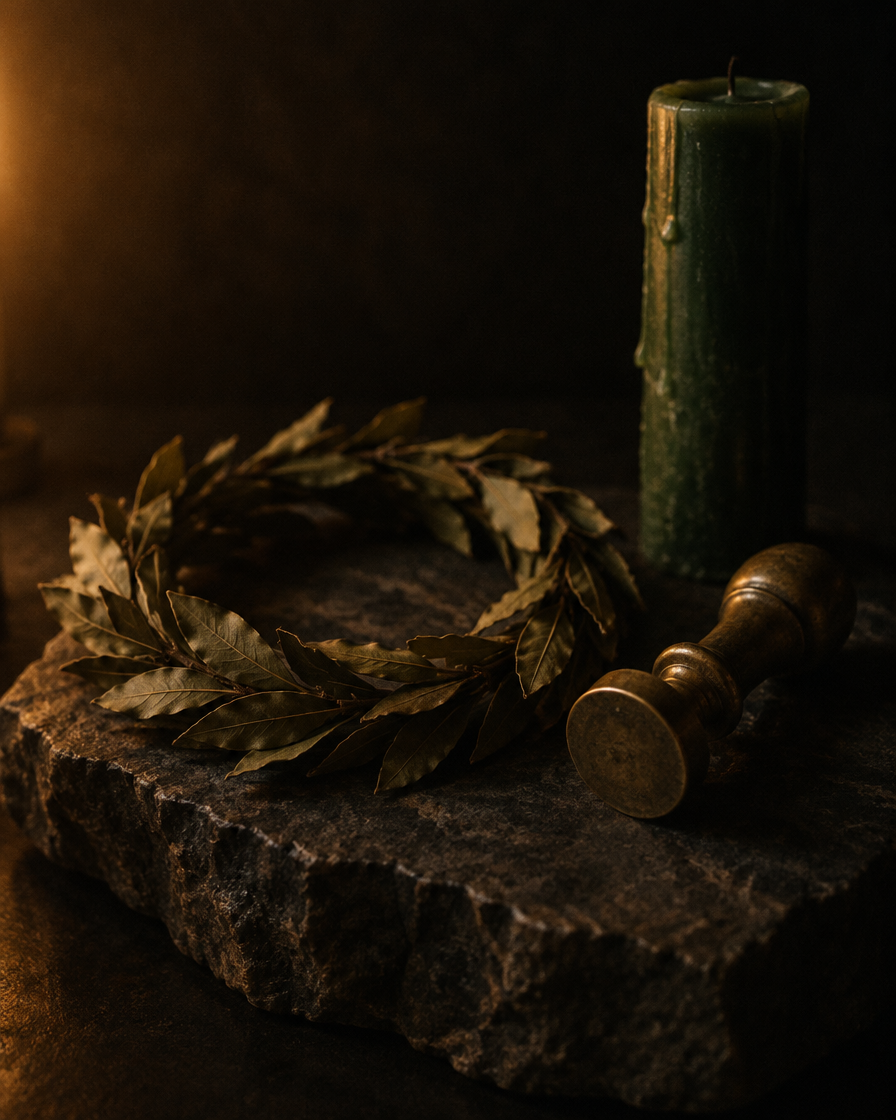 A laurel wreath of dried leaves beside a brass seal stamp and a tall green candle