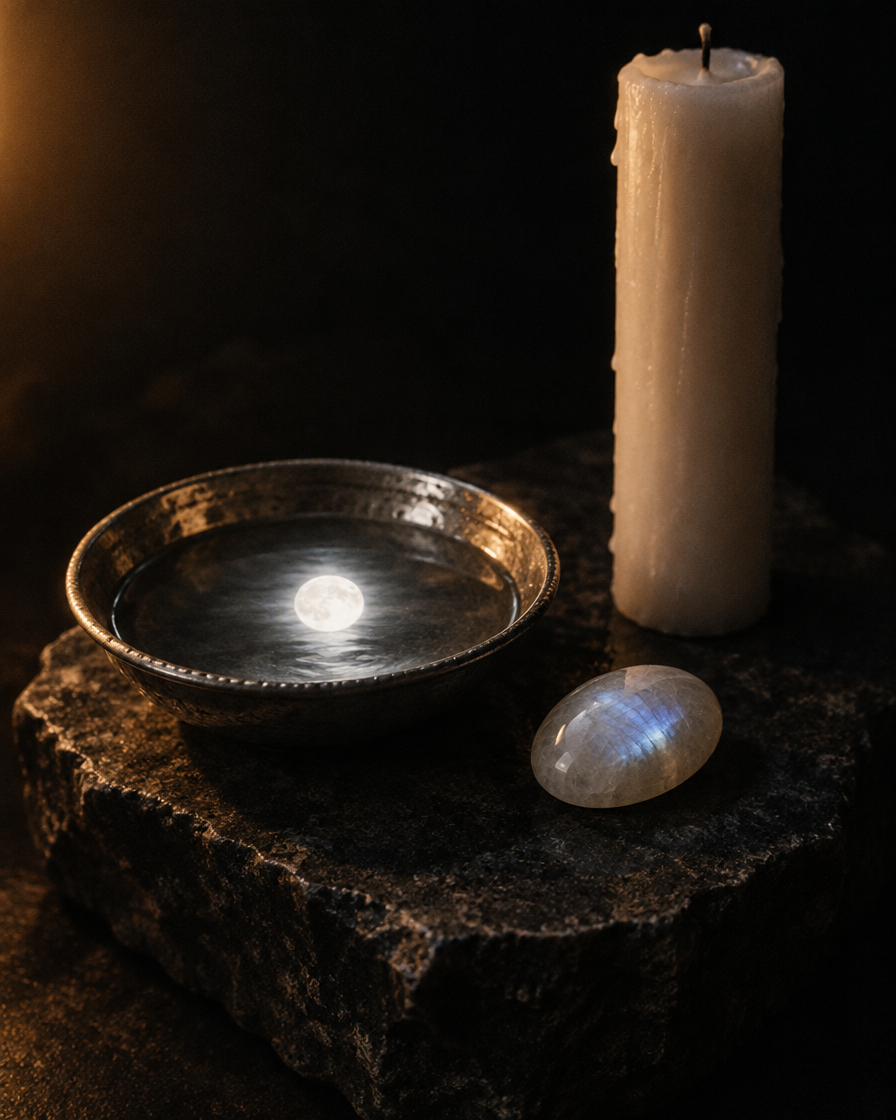 A silver dish of water catching the full moon, with a white candle and a moonstone