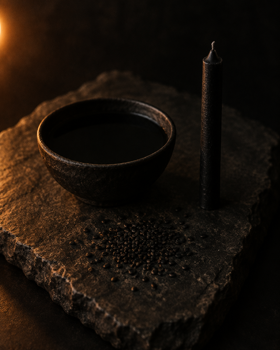 A black bowl of dark still water beside an unlit black candle and scattered seeds