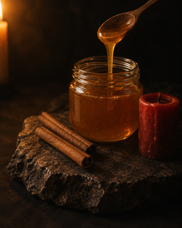 Honey drawn in a slow thread from a wooden spoon, with cinnamon sticks and a red candle