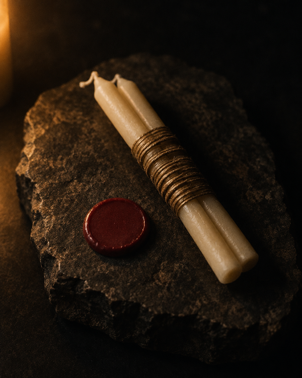 Two ivory candles bound together with waxed cord beside a disc of red sealing wax
