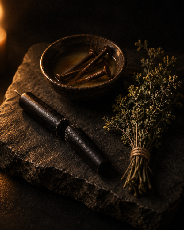 A black candle snapped in two beside a bowl of vinegar with iron nails and dried rue