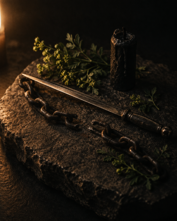 A blade laid across a snapped iron chain, with a black candle stub and sprigs of rue