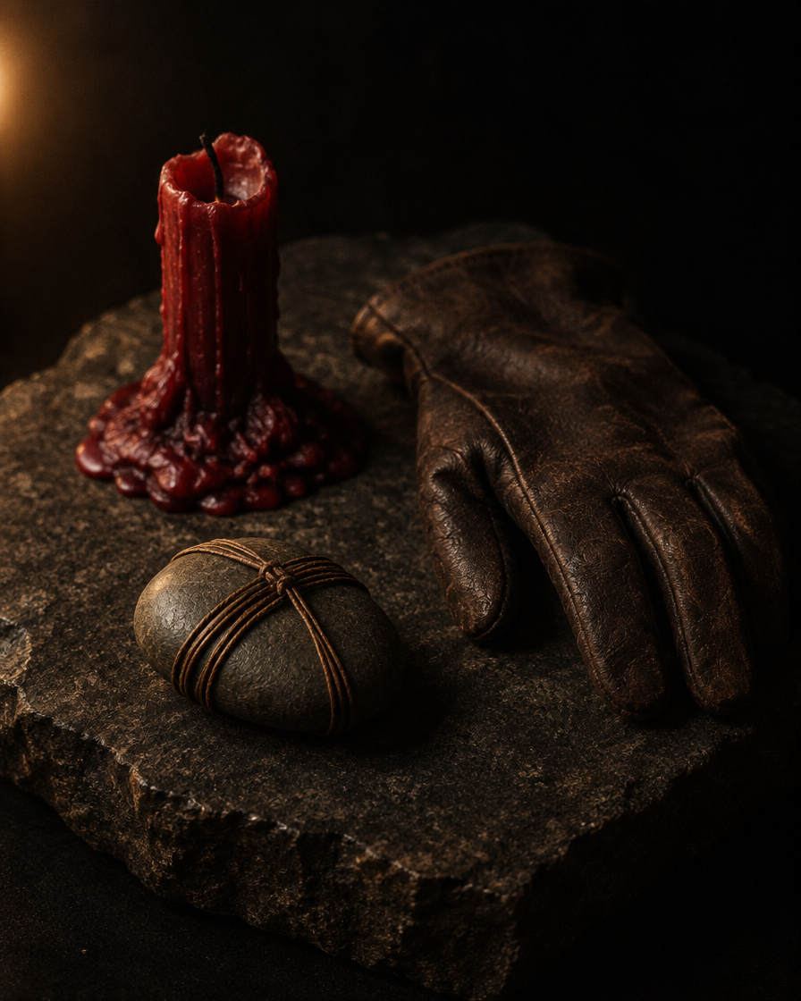 A red candle burned down into a pool of wax, a worn leather glove and a bound stone