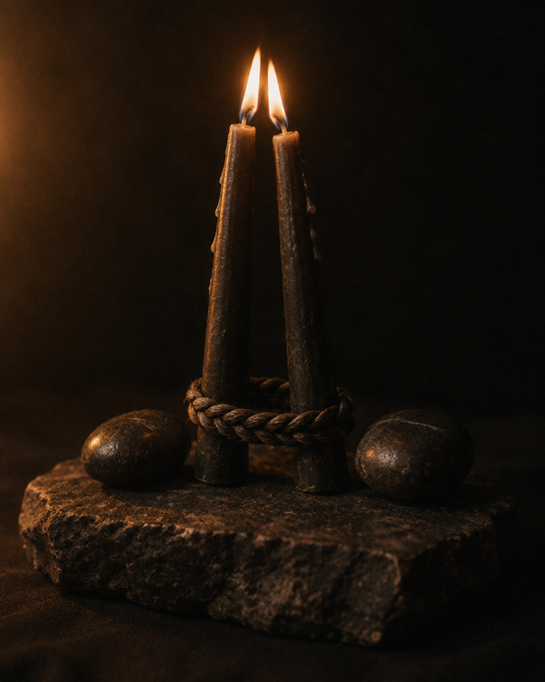 Two candles leaning until their flames almost touch, bound by cord, with matching stones