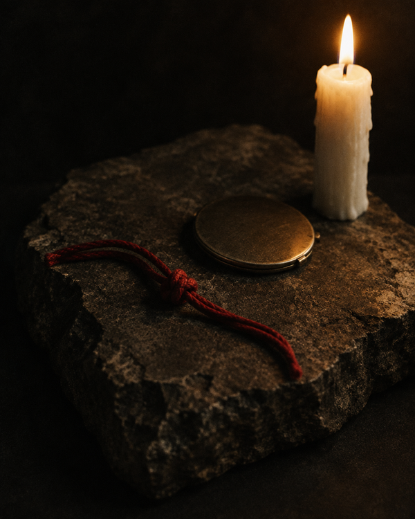 A red cord tied in a single knot, a small mirror lying face down, and a burning candle
