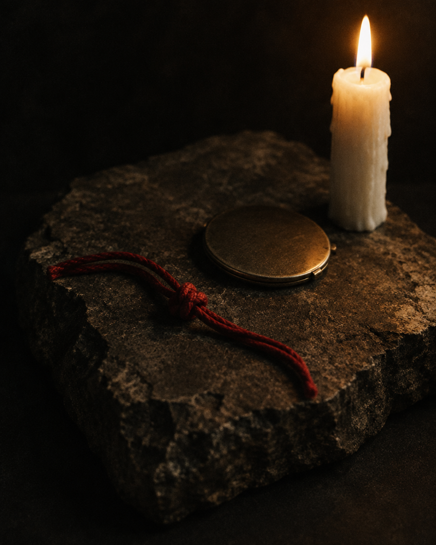 A red cord tied in a single knot, a small mirror lying face down, and a burning candle