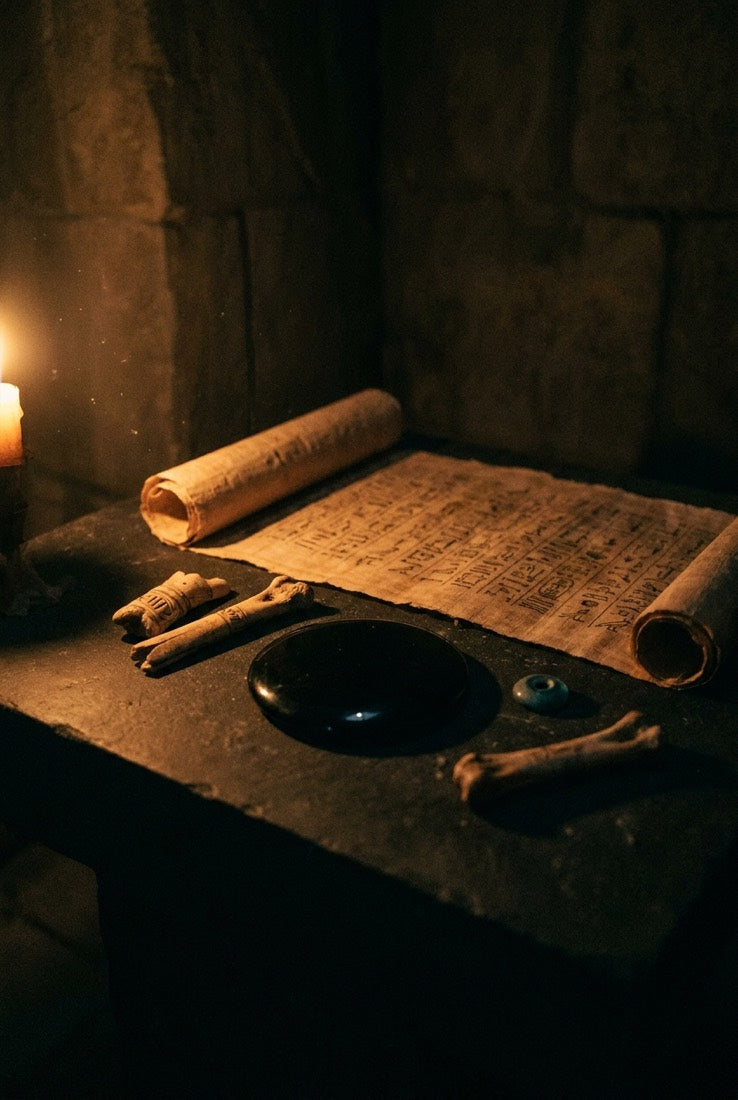 A scrying bowl reflecting candlelight