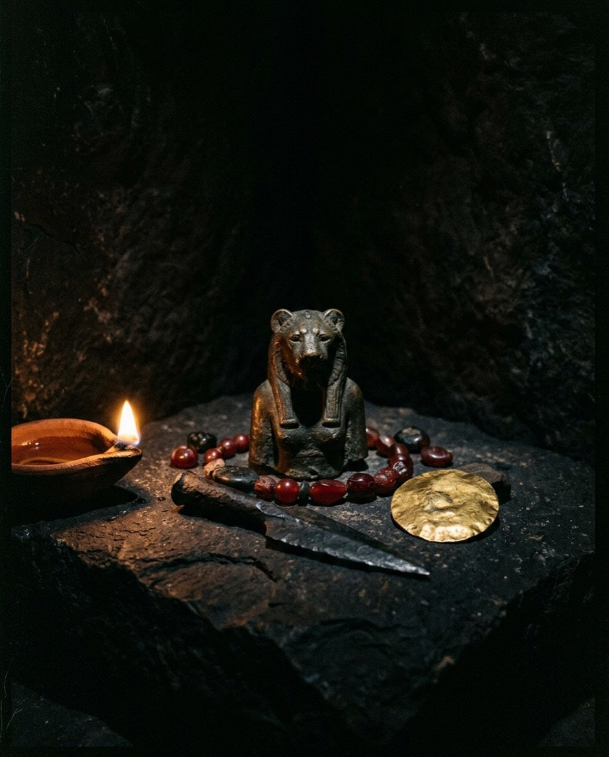 Lioness amulet and flame for the works of Sekhem