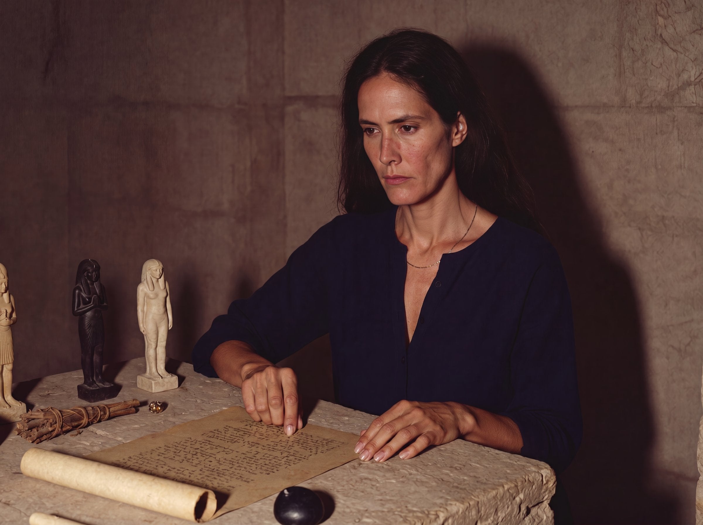 Amara at her limestone altar in Luxor — hands on the papyrus scroll, Egyptian figurines surrounding her