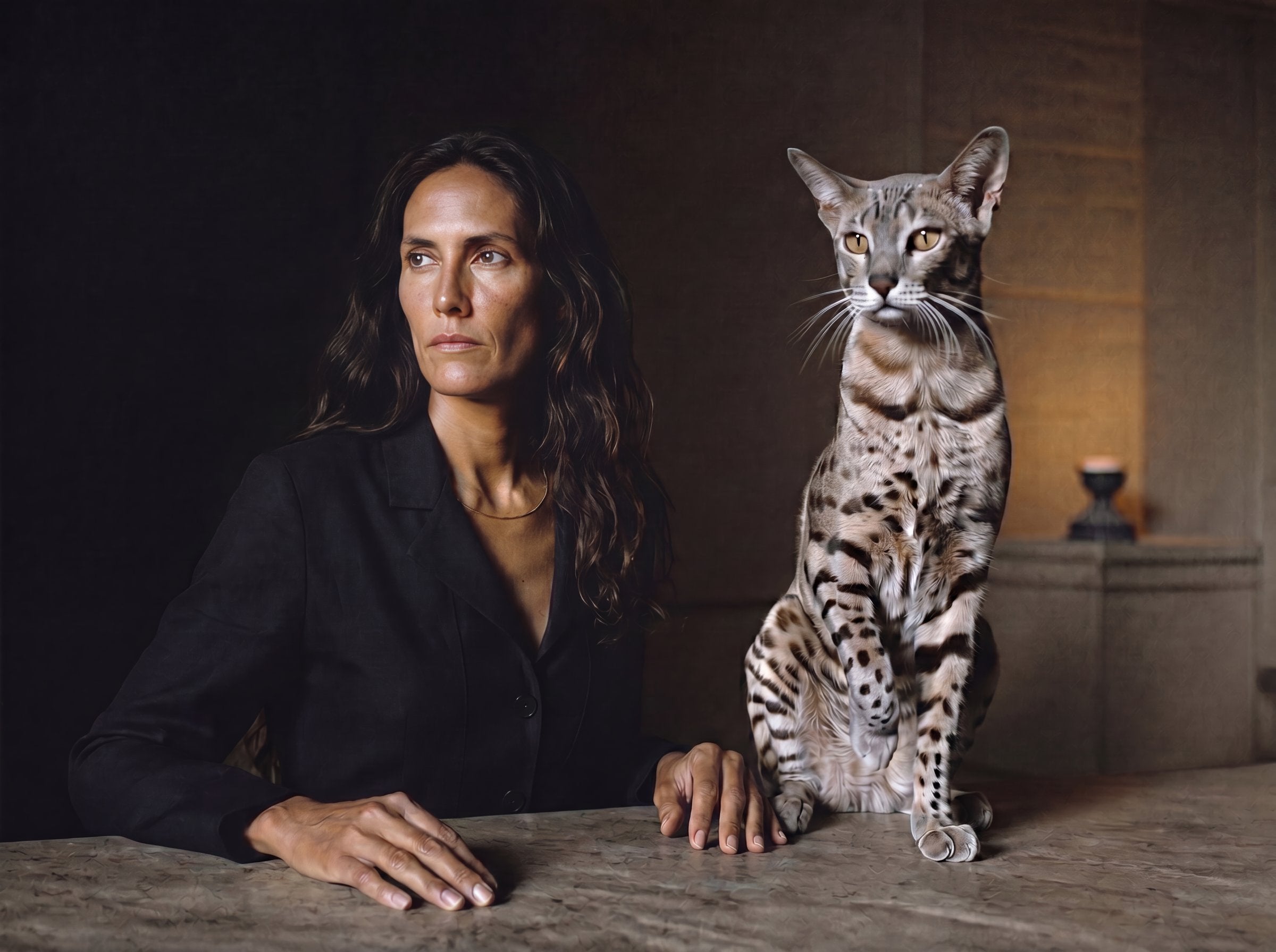 Amara and Nefret at the ancient stone table — coexisting, neither looking at the other
